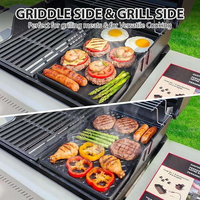 Utheer Double-Sided Ceramic Griddle for Weber Spirit 200 Series, 17.5" × 10.2" Replacement for Weber 7637 | Reversible Flat & Ribbed Surface, Matte Black Enamel, Heavy-Duty Cast Iron