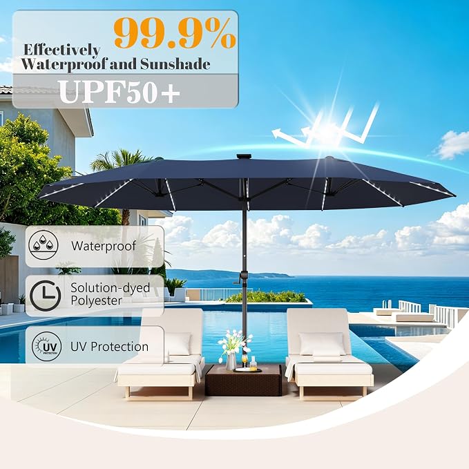 GDPFN 15ft Rectangular Patio Umbrella with Solar LED Lights, Double-Sided Outdoor Market Umbrella Extra Large Shade for Pool, Deck, Backyard, Garden, Navy Blue (Base Not Include)