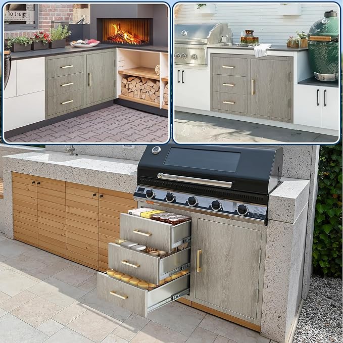 PeakPursuit Stainless Steel Outdoor Kitchen Door Drawer Combo - Triple Drawers & Access Door, Propane Storage & Adjustable Garbage Ring, Weather-Resistant Flush Mount, 38.2" W x 22.6" D x 20.5" H