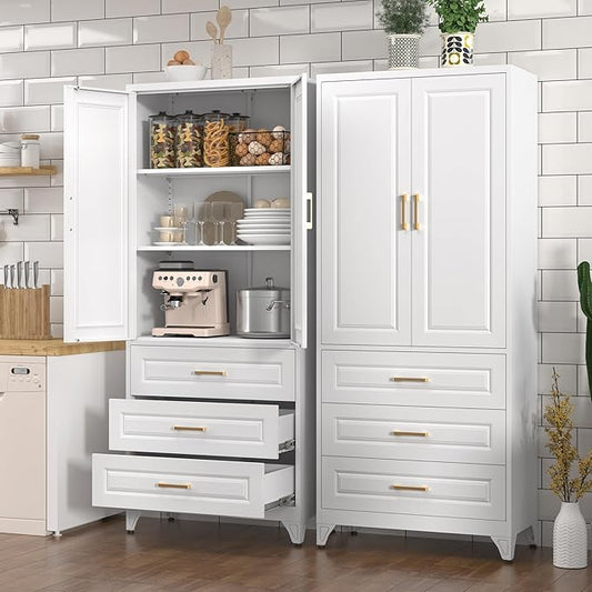 Polup Kitchen Pantry Cabinet, 75" Tall Pantry Cabinet with Three Drawers, Metal Storage Cabinets with Doors and Shelves, Freestanding Food Cupboard for Dining, Living Room, White, Assembly Required