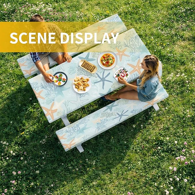 Picnic Table Cover with Bench Covers, 72 X 30 Inch Elastic Fitted Camping Tablecloth with Strap Design for 6FT Rectangle Tables, Windproof Outdoor Tablecloth Set with Storage Bag