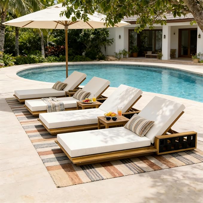 Merax Outdoor Chaise Lounge Set of 4, Acacia Wood Patio Reclining Chairs with 4-Position Adjustable Backrest, 4-Piece Sunbathing Recliner & 4" Thick Double-fold Cushion for Poolside, Garden, Beige