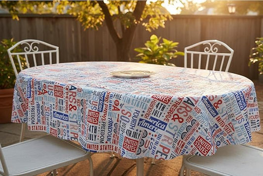 Newbridge Celebrate America Patriotic Blue Stars and Stripes 60 x 84 Inch Oval Vinyl Flannel Back Tablecloth, Waterproof Indoor Outdoor BBQ Party Table Cover