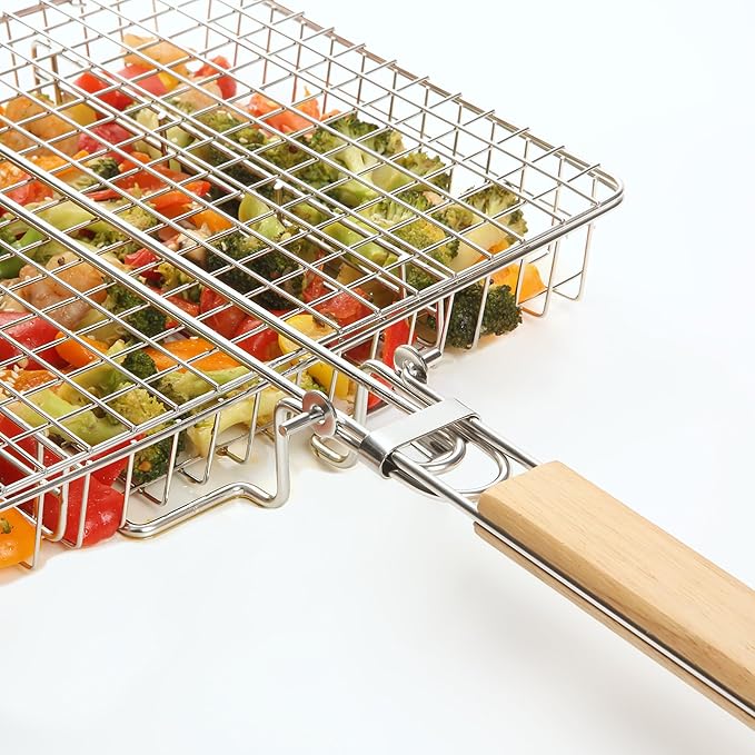 UNCO- BBQ Grill Basket with Wooden Handle, Stainless Steel, Heavy Duty Fish Grill Baskets for Outdoor Grill, Fish Basket for Grilling Basket for Outdoor Grill