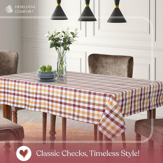 Gingham Check Tablecloth 60x102 Inch, 100% Cotton, Reusable Dining Table Cover for Rustic Decor, Parties, Gatherings, Weddings - Burgundy Wine, Brown, Mustard Yellow, Natural