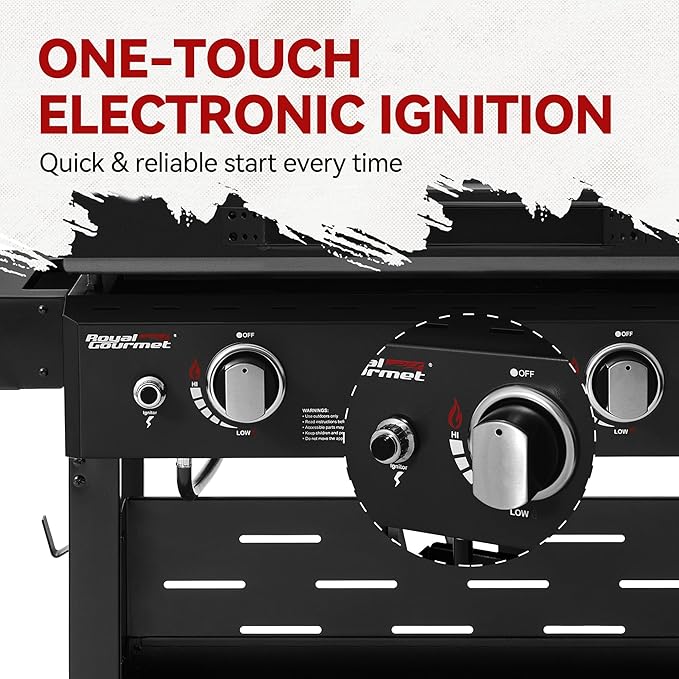 Royal Gourmet GB3000PB 3-Burner Gas Griddle with Hood, Griddle with Collapsible Side Shelves, 39,000 BTU, 492 Sq. In. Cooking Area, Electronic Ignition, Swivel Wheels with Brakes, Black