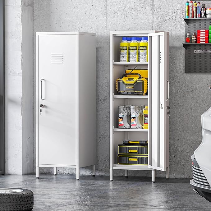 Metal Locker Cabinet, 47"H Home Office Storage Lockers, Vertical Steel Storage Cabinet with Locking Door and 3 Adjustable Shelves, Garage Tool File Cabinets for Home Office,Garage,Bathroom, White