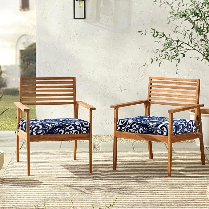 downluxe Outdoor Chair Cushions Set of 2 for Patio Furniture, Water-Resistant Square Corner Patio Chair Cushions with Ties, High Density Foam Outdoor Seat Cushion, 18.5" X 16" X 3", Blue Carp