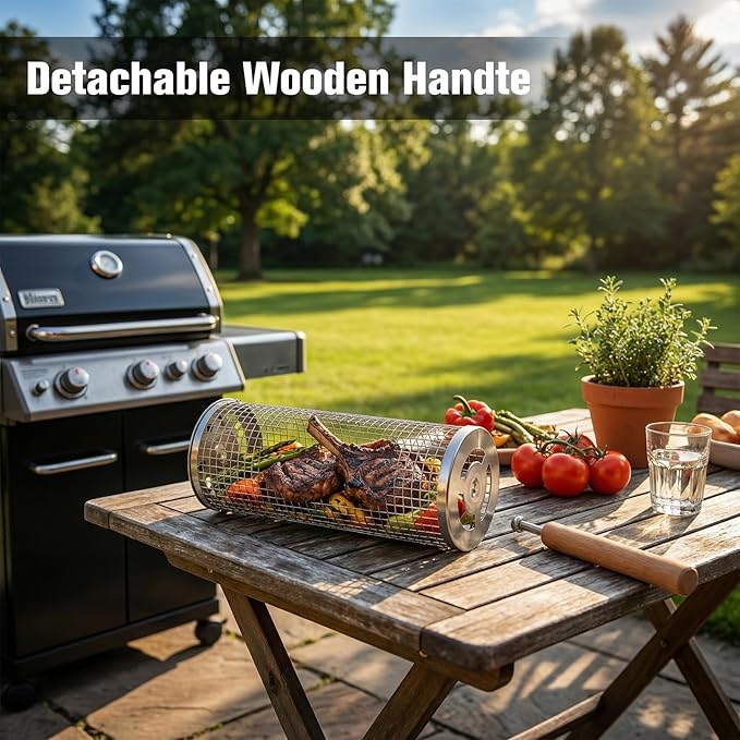 Rolling Grill Basket,7-Piece BBQ Set,Stainless Steel Grilling Basket with Lid and Removable Wooden Handle, BBQ Grill Accessories for Vegetables, Shrimp, Meat ,Outdoor Cooking Perfect Gifts for Men Dad Husband