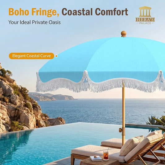 HERA'S PALACE 7 ft Heavy Duty Beach Umbrella with Sand Anchor, Fringe Umbrella for Sand, UV 50+, Patio Umbrella with Tilt Pole for Garden Pool Backyard