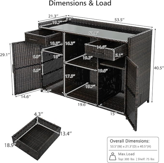 RUNNA 53.5" W Outdoor Wicker Storage Cabinet with Fridge Space,Weatherproof Outdoor Mini Fridge Bar Cabinet with Adjustable Shelves & Drawers for Pool Towel Storage,Garden,Kitchen (Black+Brown#64)