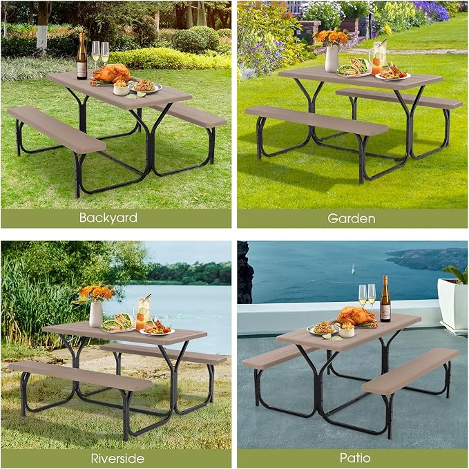 GYMAX Picnic Table, Picnic Bench Easy to Assemble w/All Weather Wood Grain Tabletop & Metal Frame, Picnic Tables for Outdoors Camping Backyard Deck Patio Poolside Dining Party
