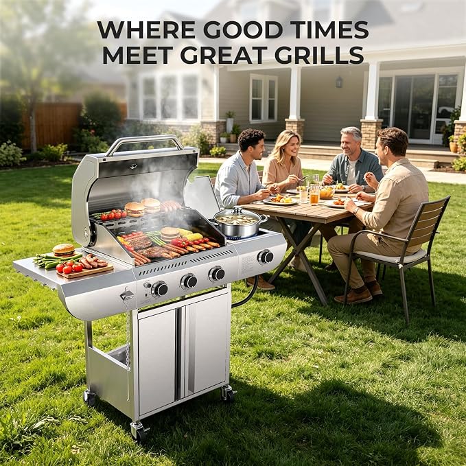 Kismile 3-Burner Propane Gas Grill with Side Burner, Stainless Steel 34,000 BTU BBQ Grill, Cast iron Griddle & Enamel Grates, Barbecue Grill for Outdoor Cooking, Backyard, Patio, Deck Camping