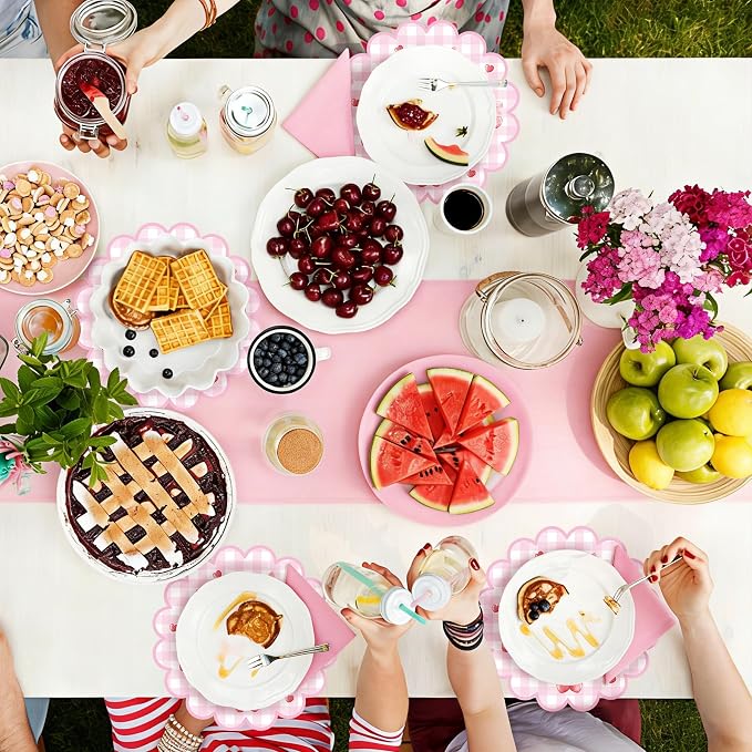 100 Pcs Cherry Paper Placemats Pink Bow Gingham Placemat 13.5 Inch Round | Disposable Decorative Dining Cherry on Top Table Mats with Scalloped Edges for Spring Summer Birthday Wedding Party Supplies