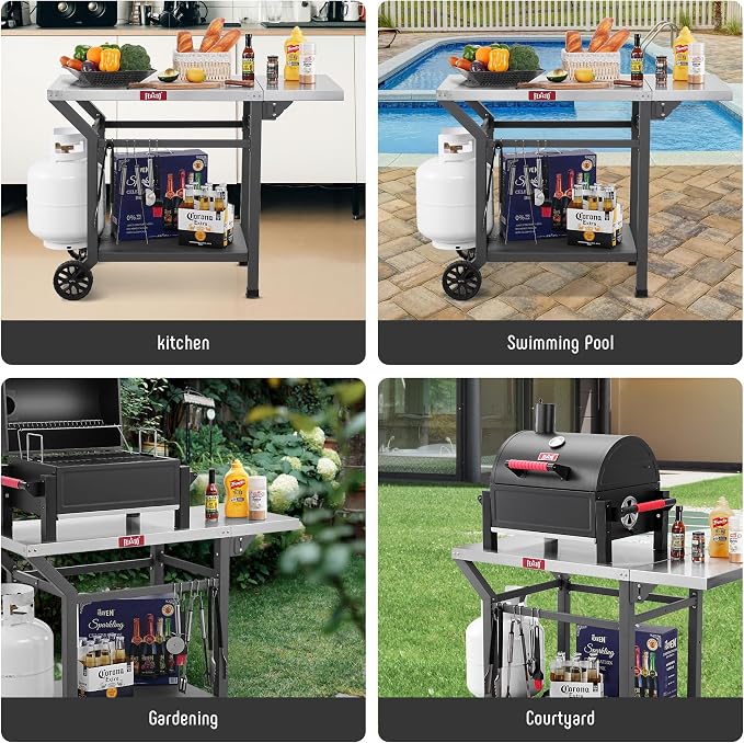 Feasto 43" Lx20 W Grill Table with Folding Side Table & Undershelf, Gray | Stainless Steel Tabletop, Foldable Side Shelf, Sturdy Undershelf, for Pizza Ovens, BBQ Grills, & Prep Work (Hooks Included)