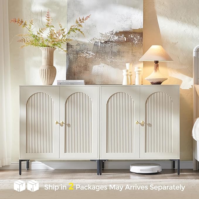 IFBUY Modern Sideboard Buffet Cabinet, 61.75" W Fluted Arched Buffet Cabinet with Storage and Adjustable Shelves, Wooden Modular Coffee Bar Cabinets for Kitchen, Entryway, Cream