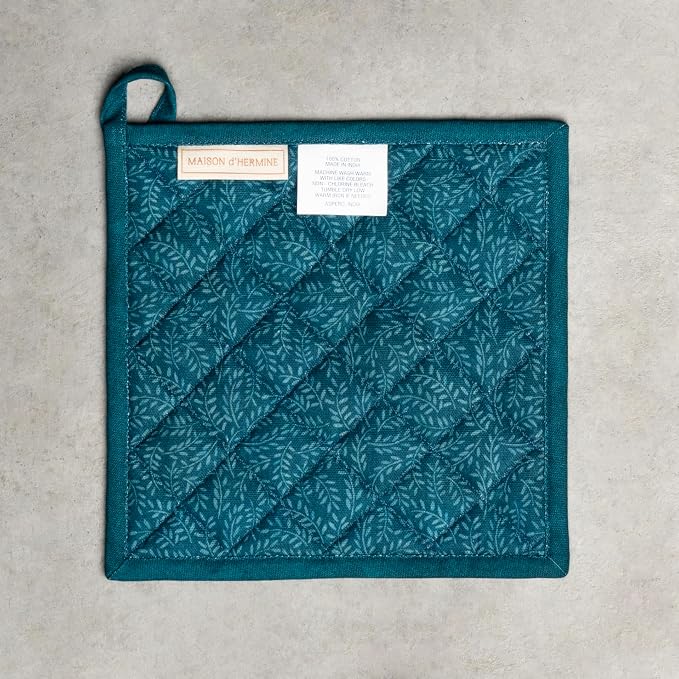 Maison d' Hermine Pot Holders 100% Cotton Potholders (8" x 8", Pack of 1) | Heat Resistant Hot Pads with Loop BBQ Cooking Kitchen Handling Hot Pans Thanksgiving Christmas - Luxury Loft - Dark Teal