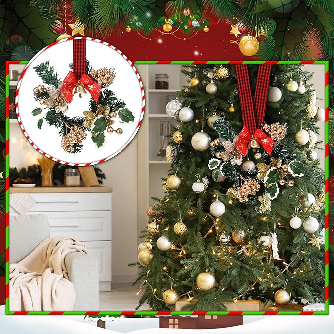 Zeyune 6 Pcs Small Christmas Wreaths for Kitchen Cabinets with Plaid Bow Ribbon Hanging Mini Christmas Cabinet Door Wreaths Decor for Kitchen Window Outdoor Indoor Holiday Decor, 14.96 x 7.87''
