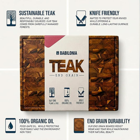 Teak Wood Cutting Board, 19.7 x 12.2 Inch (ExtraThick 1.7") Hardwood Butcher Block for Meat, Cheese, Charcuterie Board. End Grain Non Toxic Wood Chopping Board with Handle (Oil & Plate Included)
