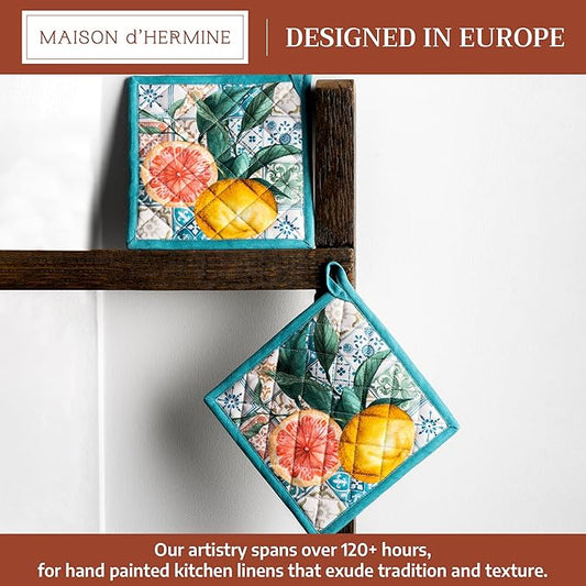 Maison d' Hermine Pot Holders 100% Cotton Heat Resistant Potholders 8" x 8" Hot Pads with Loop BBQ Cooking Baking Hotel Farmhouse Kitchen Handling Hot Pans Spring Summer (Pack of 2, Agrume)