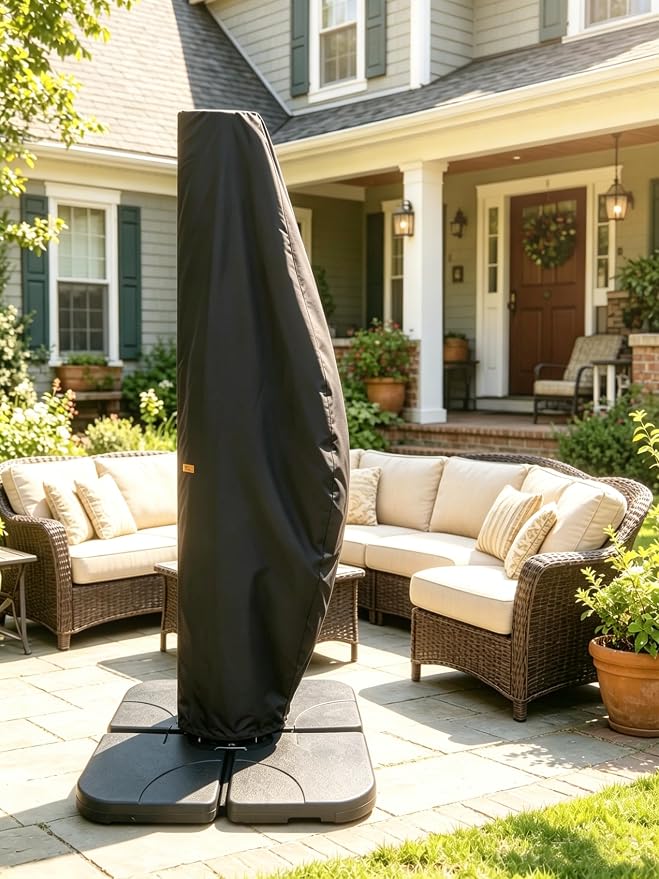 Patio Umbrella Cover for 12FT to 14FT Offset Umbrella, Water Resistant, Curved Cantilever and Straight Pole Parasol Outdoor Umbrellas Cover with Zipper and Rod