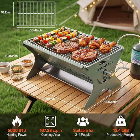 QuliMetal Portable Camping Grill, Foldable 3-in-1 Charcoal Wood Gas Grill with Carry Bag, Heavy-Duty Stainless Steel BBQ Fire Pit for Outdoor Cooking Backpacking Tailgating Patio Backyard