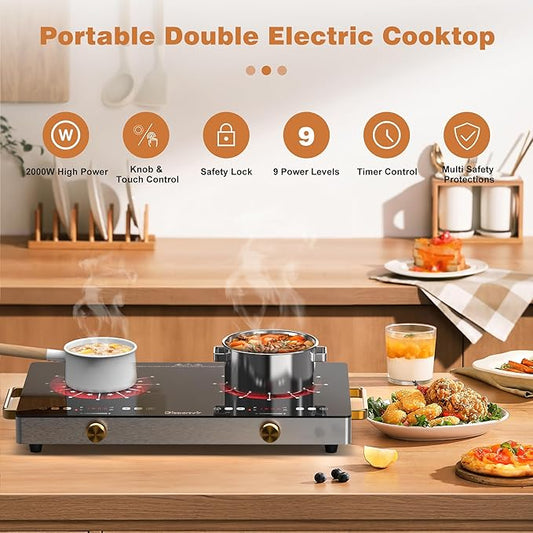 2 Burner Electric Cooktop 110V - 24 Inch(22.2"x 13.07") Countertop Electric Stove with Handles 2000W, Two Burner Ceramic Burner with Touch and Knob Control, Timer, Safety Lock, 120V Plug in