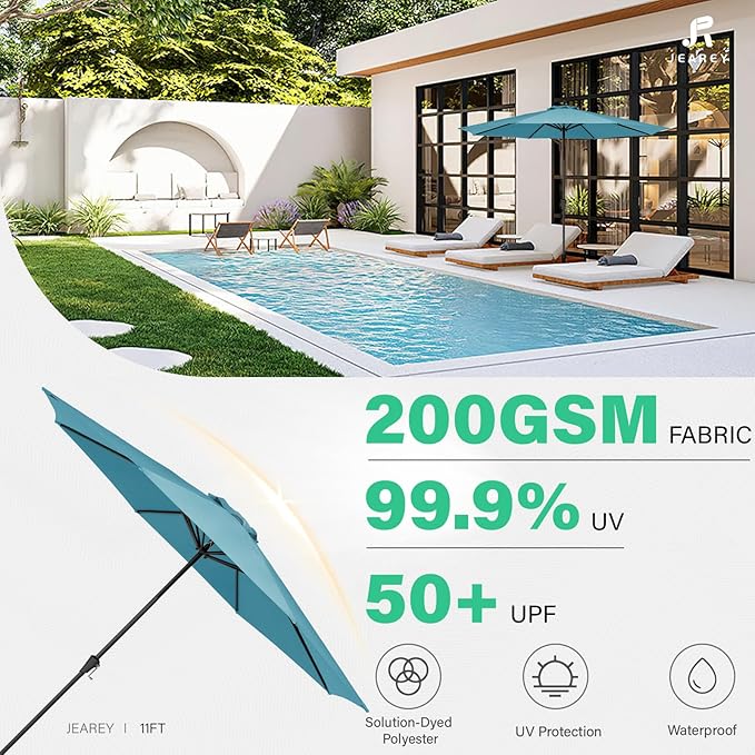 JEAREY 11' Patio Umbrellas Outdoor Table Market Umbrella w/Crank, 8 Sturdy Ribs, UV Protection Windproof for Garden, Deck, Backyard, Pool(Cerulean)