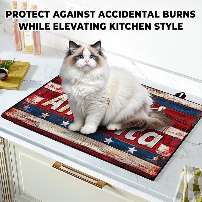 Patriotic Stove Top Cover, Heat Resistant Electric Stove Protector Mat, Large Diatomite Kitchen Counter Mat, Independence Day Decor American Flag Kitchen Accessory (plank, 28x20 Inch)
