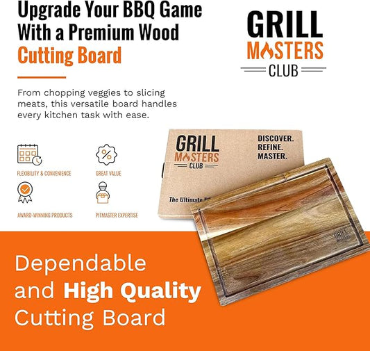 Grill Masters Club Premium Acacia Wood Cutting Board for Kitchen | Large Wooden Cutting Board with Juice Groove | Lightweight Grill for BBQ Masters, & Cooking Enthusiasts-Ideal for Gift