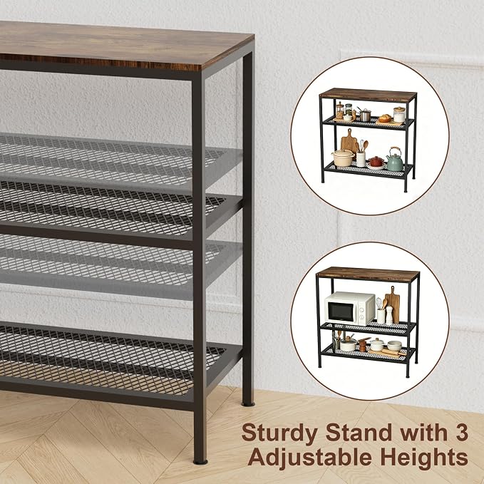 Kitchen Island with 3 Tier Storage, Height-Adjustable Kitchen Shelf, Microwave Stand for Dining, Sturdy Metal Frame, 30.7" L x 13.77" D x 31.51" H,Rustic Brown and Black
