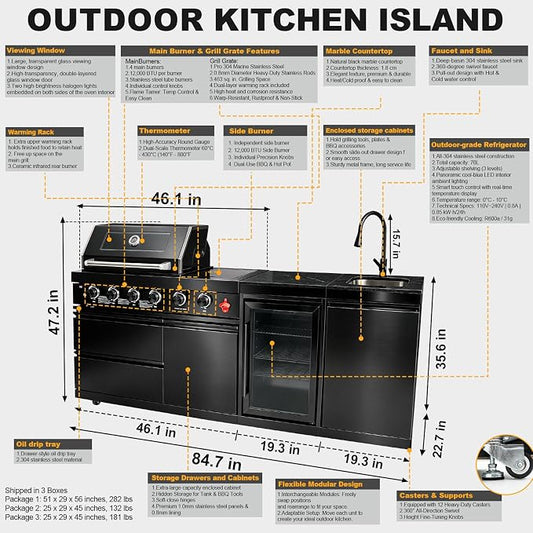 84.7" 4-Burner Modular Outdoor Kitchen Island, 72000 BTU Propane Gas Grill | 4 Burners & Side Stove, Rear Infrared, Marble Countertop, Fridge, 360° Pull-Out Faucet, Sink, Warming Rack, Storage Cabinet