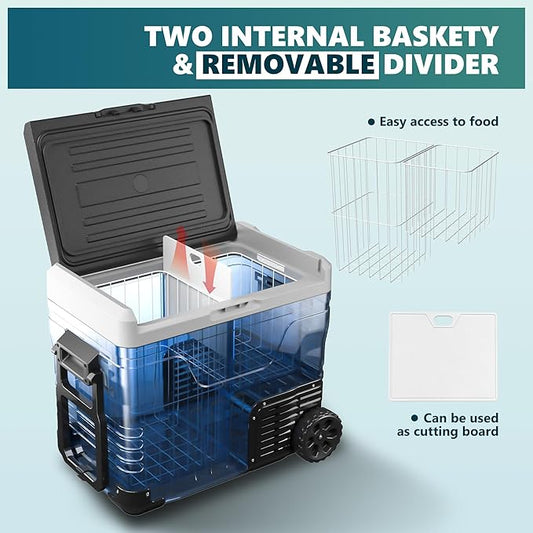 EUHOMY 12 Volt Refrigerator, 52QT(50L) Electric Cooler, Portable Freezer 12V/24V DC 100-240V AC, 12V Fridge -4℉~68℉, 12V Cooler with Wheels & 2 Baskets for Travel, Truck, Boat, Camping