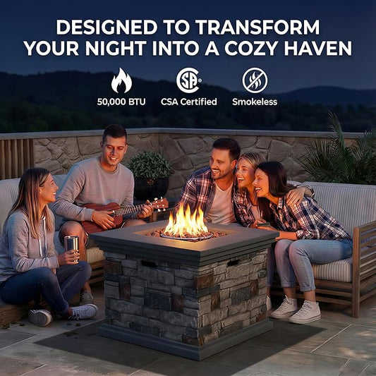 32'' Propane Fire Pit Table, 40,000 BTU Outdoor Square Gas Firepit with Auto-Ignition, Waterproof Cover, Lava Rock for Patio Deck, Imitation Stone Concrete, CSA Certified, Gray