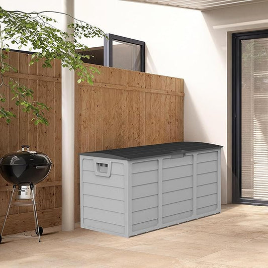 75 Gallon Outdoor Deck Storage Box, Heavy Duty Resin with Lockable Lid, UV Resistant for Patio Furniture, Garden Tools(Grey)
