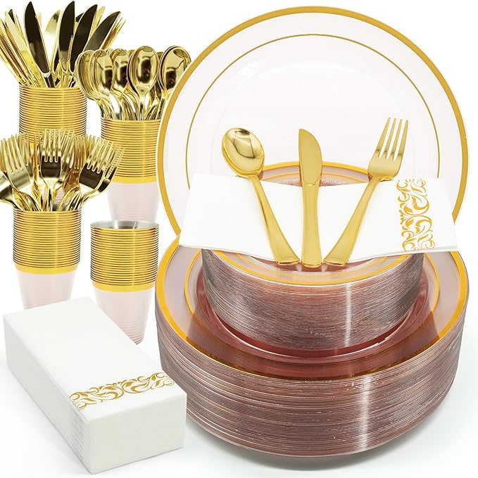 AIRE 175PCS Pink Gold Plastic Plates for Party Dinnerware Sets for 25 Guests, Disposable Plastic Party Supplies Plates, Cups, Spoons, Forks, Knives, Napkins for Wedding Birthday BBQ Christmas Parties