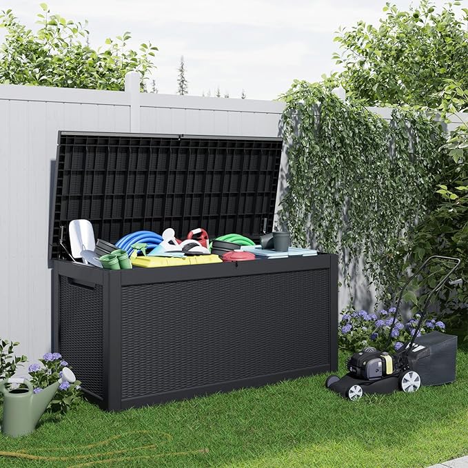 PatioZen 320 Gallon Large Deck Box,Resin Outdoor Storage Box with Lockable for Patio Furniture, Pool Accessories, Garden Tools Waterproof Outside Storage Box, Black