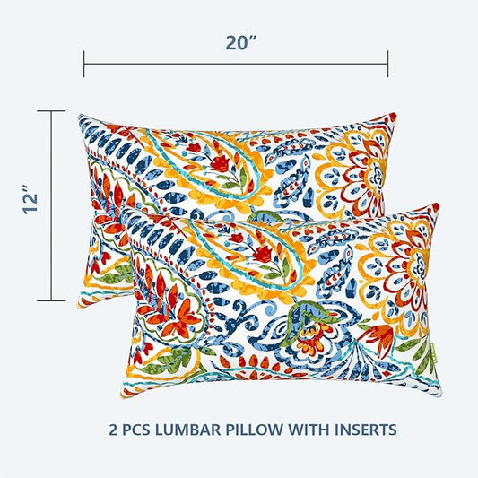 LVTXIII Set of 2 Patio Lumbar Pillows, 12”x20” Fade Resistant Outdoor Lumbar Pillow with Inners, Fluffy Decorative Garden Lumbar Cushions for Home Patio Coach Sofa Use, Paisley Multi
