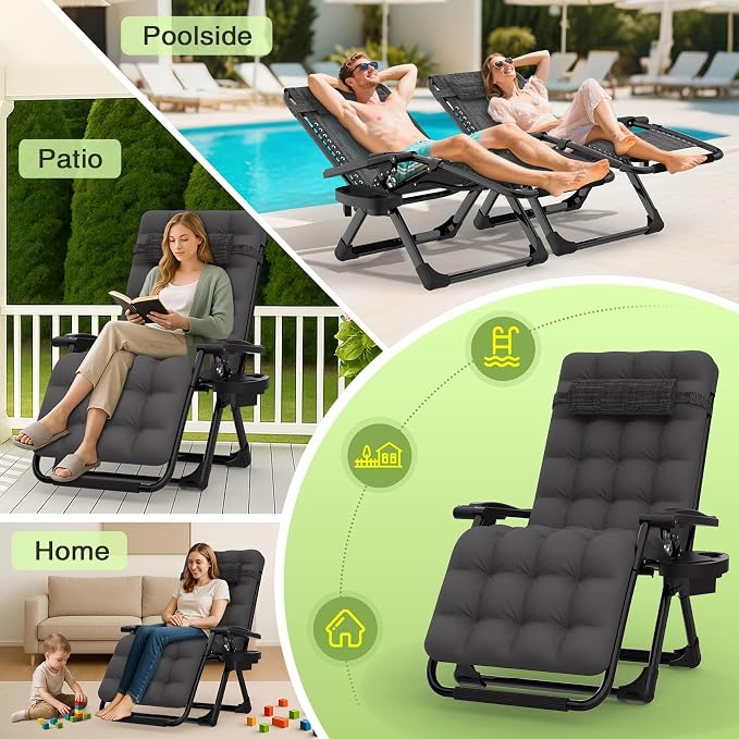 Suteck Zero Gravity Chair, Reclining Camping Chairs w/Removable Cushion | Anti Gravity Recliner Lounge Chair with Aluminum Alloy Lock & Cup Holder, 90-170° Adjustable, for Lawn Patio Indoor