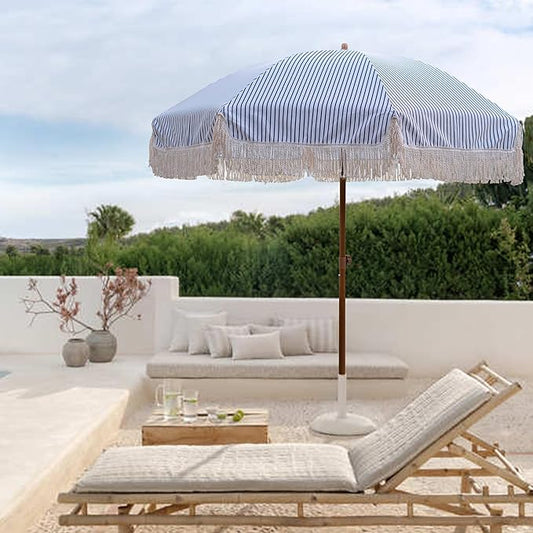 AMMSUN 7ft Patio Umbrella with Fringe Outdoor Tassel Umbrella UPF50+ Premium Steel Pole and Ribs Push Button Tilt, Navy Blue Stripes