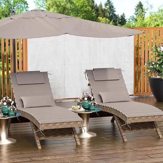 2 Sets of Outdoor Water-Resistant Olefin Chaise Lounge Cushions with Headrest and Pillow, Weather and Fade Resistant Foldable Quilted Lounge Chair Pads with Straps, Light Gray, 73" L x 22" W