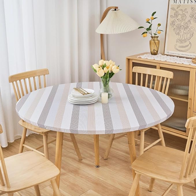 LIBERECOO Round Vinyl Fitted Tablecloth with Flannel Backing Elastic Edge Table Cover Waterproof Stain-Resistant Wipeable Tablecloths Fits 40-44 Inch Round Tables