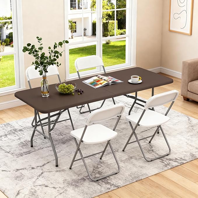 BestOffice 6 FT Picnic Table, Portable Plastic Folding Table with Carrying Handle Perfect for Picnics, Parties, Party and Camping, Brown