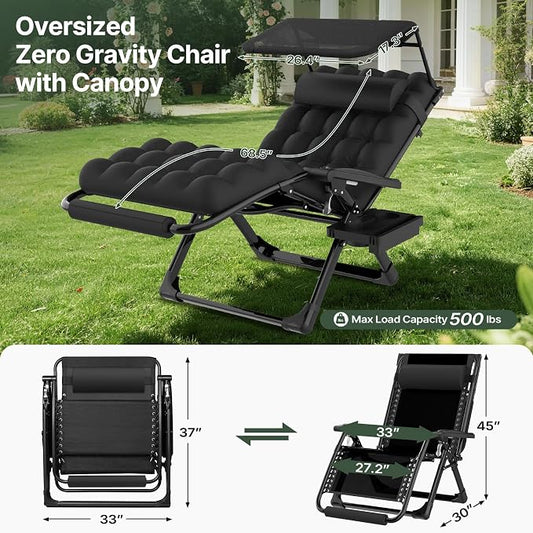Suteck Zero Gravity Chair with Canopy,33In XXL Oversized Lounge Chairs | w/Removable Cushion&Headrest, Upgraded Lock and Footrest, Folding Reclining Patio Chairs Recliner for Indoor Outdoor