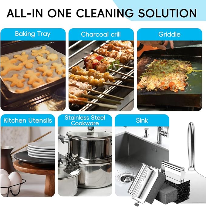 XUDAKAIXIN Griddle Cleaning Kit for Blackstone, Stainless Steel Flat Top Grill Cleaning Kit with Grill Stone, Griddle Brush &Griddle Scraper,Powerful Stain Remover