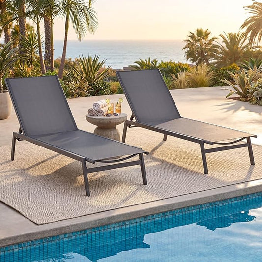 Tangkula Outdoor Chaise Lounge Chair Set of 2, 6-Position Adjustable Reclining Chair with Breathable Fabric and Heavy Duty Steel Frame, Patio Lounge Chair for Garden, Backyard and Poolside (2, Gray)
