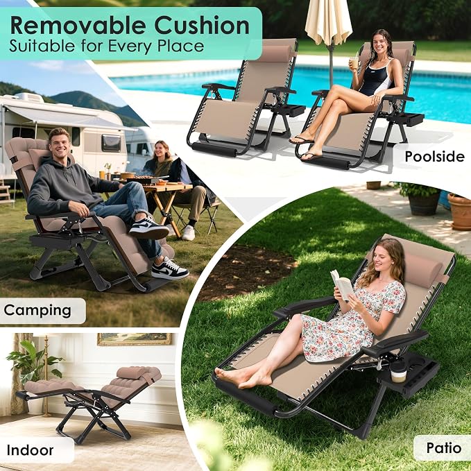 Suteck Oversized Zero Gravity Chair, 500LBS 33" XXL Reclining Lounge Chairs | W/Removable Cushion&Headrest, Upgraded Lock, Big Cup Holder and Footrest, Reclining Camping Chair Recliner for Indoor Outdoor