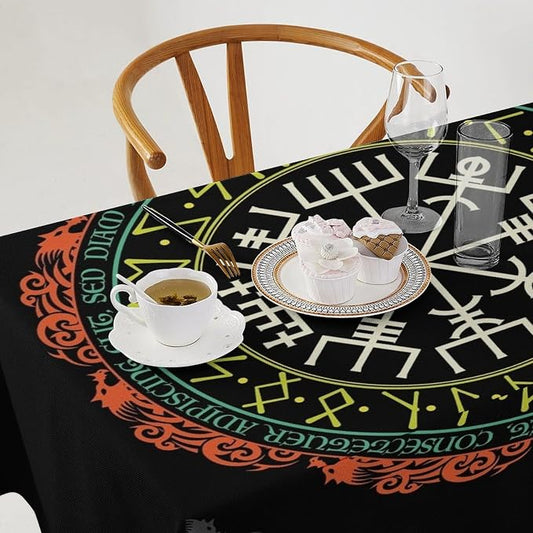 Vintage Viking Pattern Tablecloth, Viking Ancient Runic Helmet of Awe Seasonal Table Cloth Waterproof Wipeable Table Cover for Picnic Holiday Party Kitchen Dining 55x55