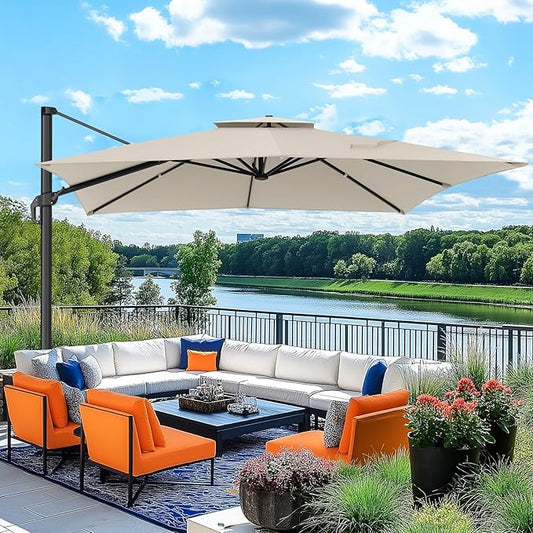 Hoteel 10ft Patio Umbrella Heavy Duty Aluminum Windproof & Shade Provision Outdoor Cantilever Double Top Offset Large Umbrella Height Adjustable with 360ยฐRotation for Patio Pool Deck Gazebo, Beige