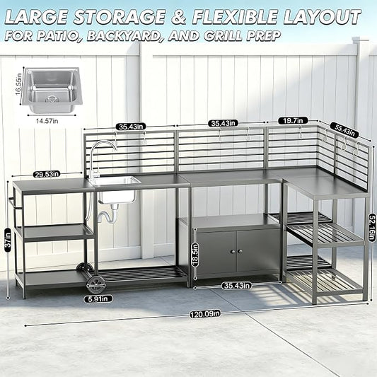 LEVELEVE Modular Outdoor Kitchen Island 5-Piece Set, Aluminum Outdoor Kitchen Cabinets Prep Station with Sink, Storage Cabinets & Shelves for Patio, Backyard & Deck